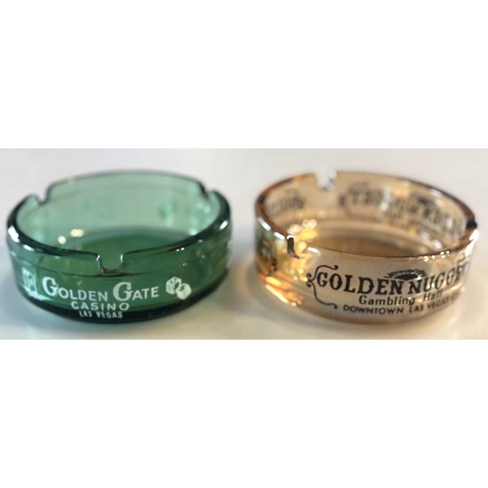 2  Vtg Las Vegas NV Casino Glass Ashtrays Green Golden Gate Gold Golden Nugget
